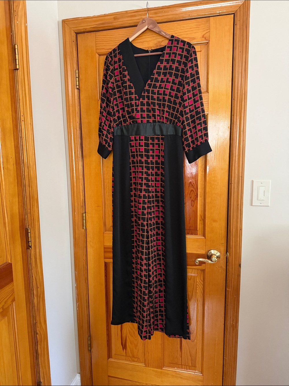 Black & Burgundy Geometric Long Sleeve one piece pants suit